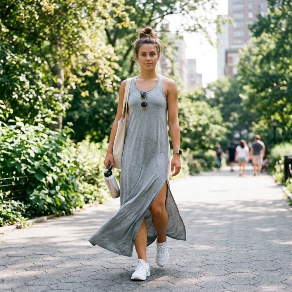 Fabletics Heather Grey Racerback Flowy Maxi Dress Side Slit Size M